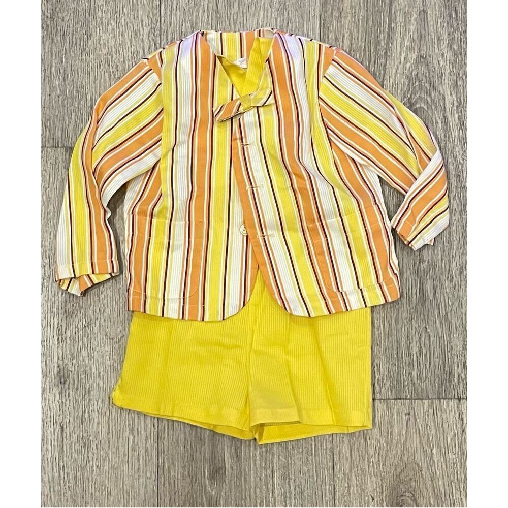 70’s Little Boy Yellow, White, and Orange Overall Shorts Outfit with Jacket Vint